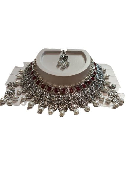 Silver With Red Necklace Set