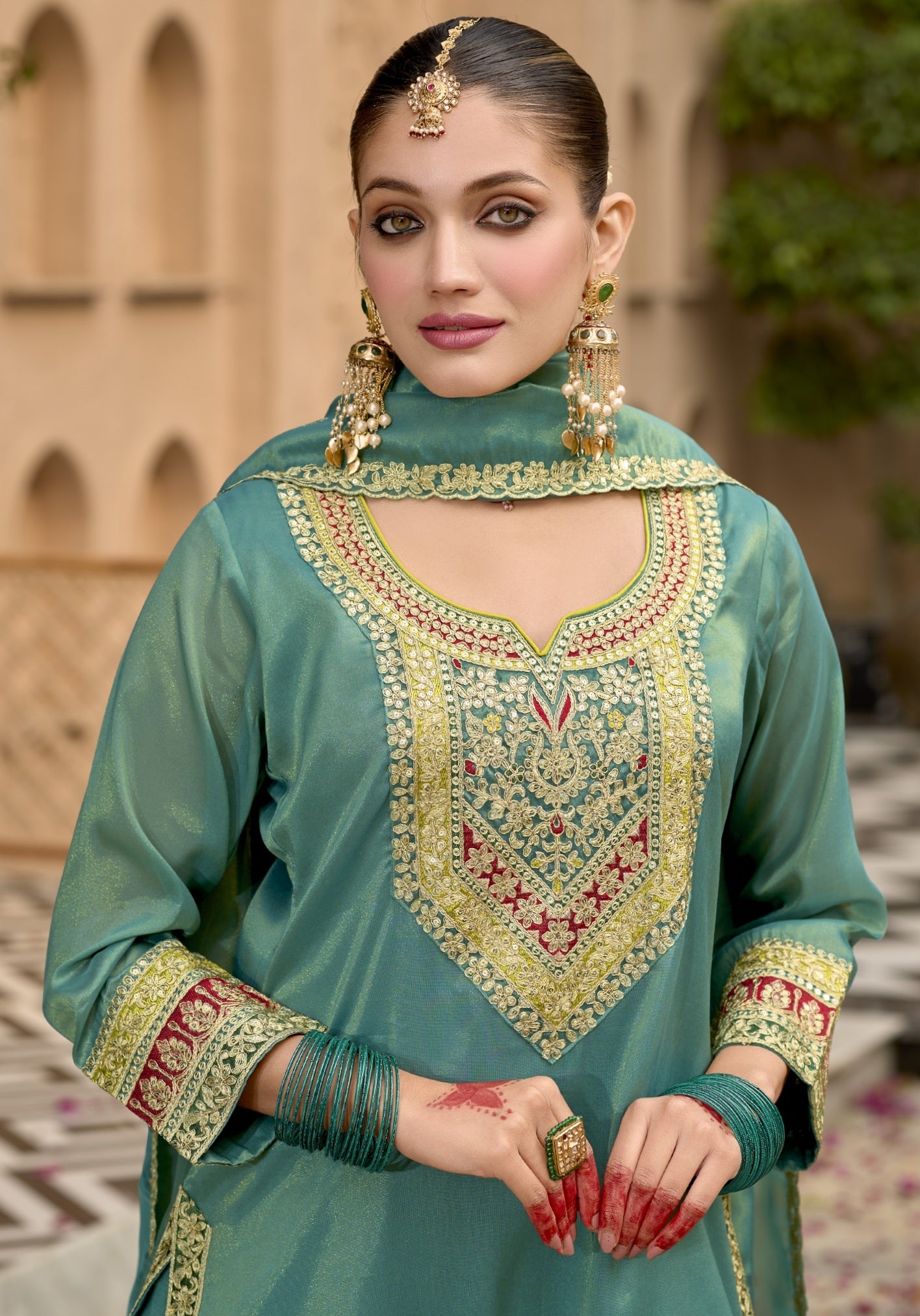 Embroidered Art Silk Punjabi Suit in Teal Green – Akarshannz