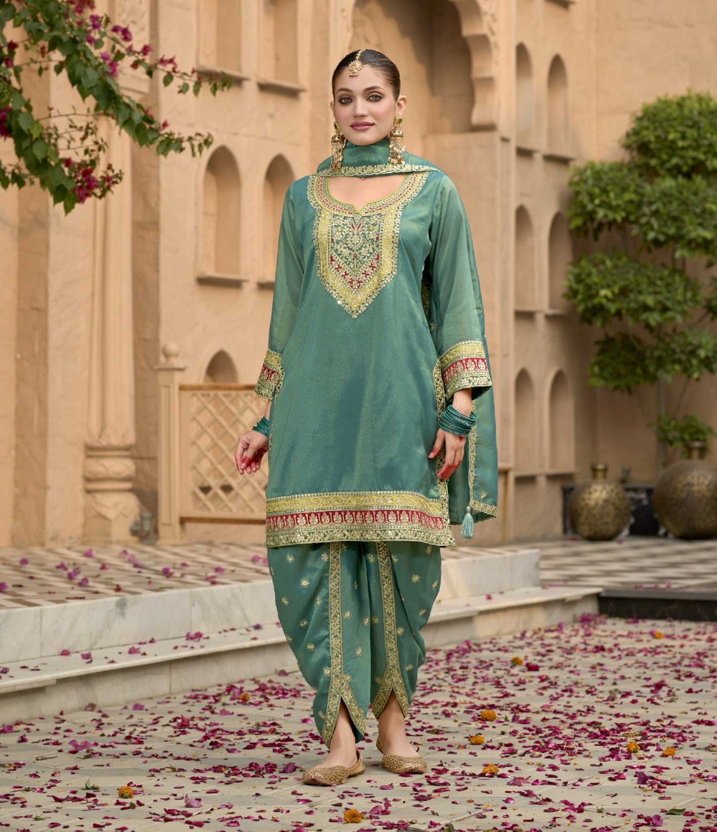 Embroidered Art Silk Punjabi Suit in Teal Green – Akarshannz