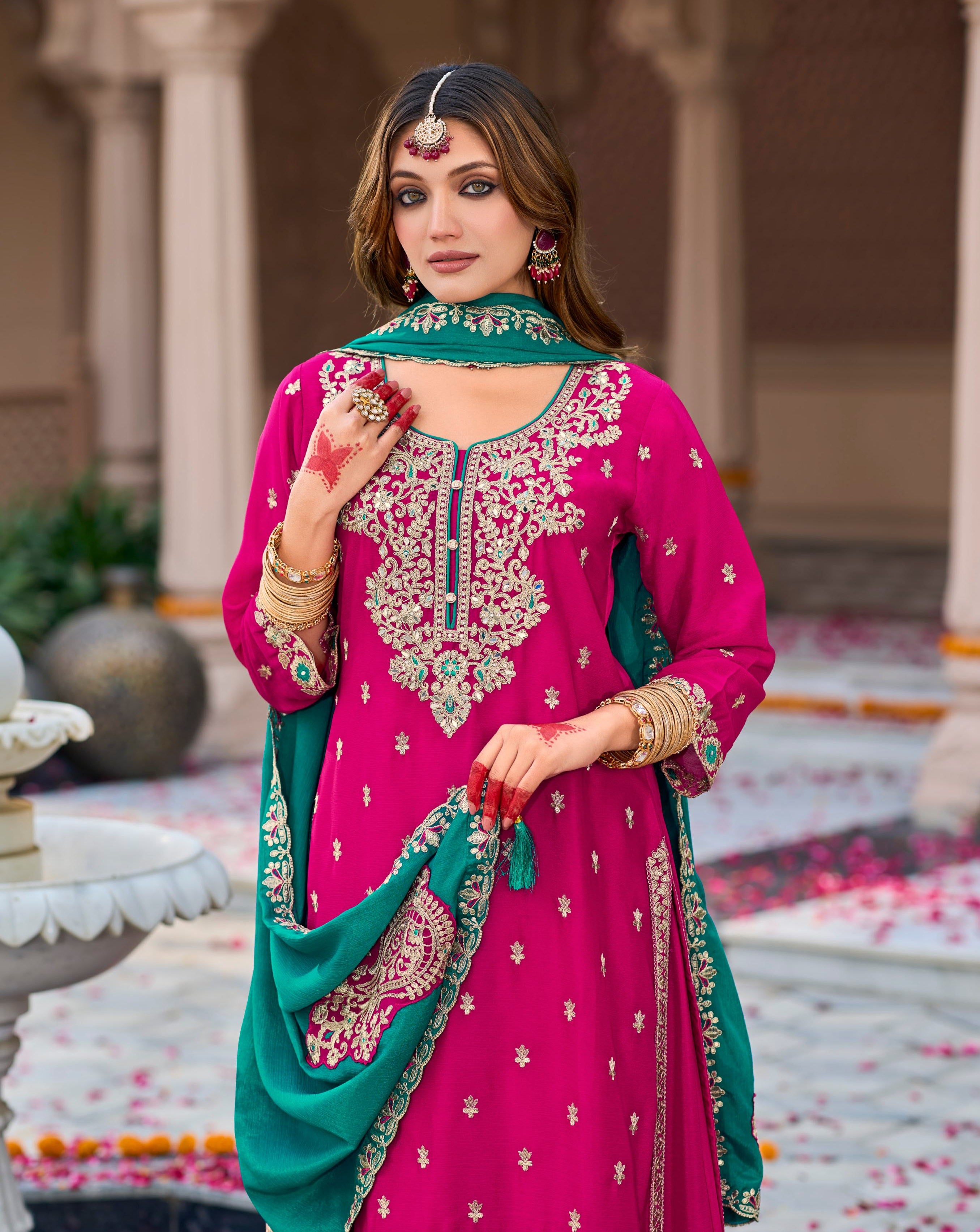 Embroidered Chinon Silk Pakistani Suit in Rani Pink – Akarshannz